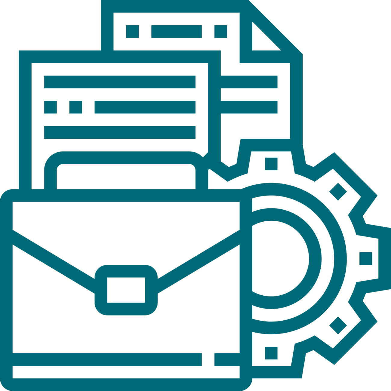 Graphic of an envelope, pieces of paper and a gear.