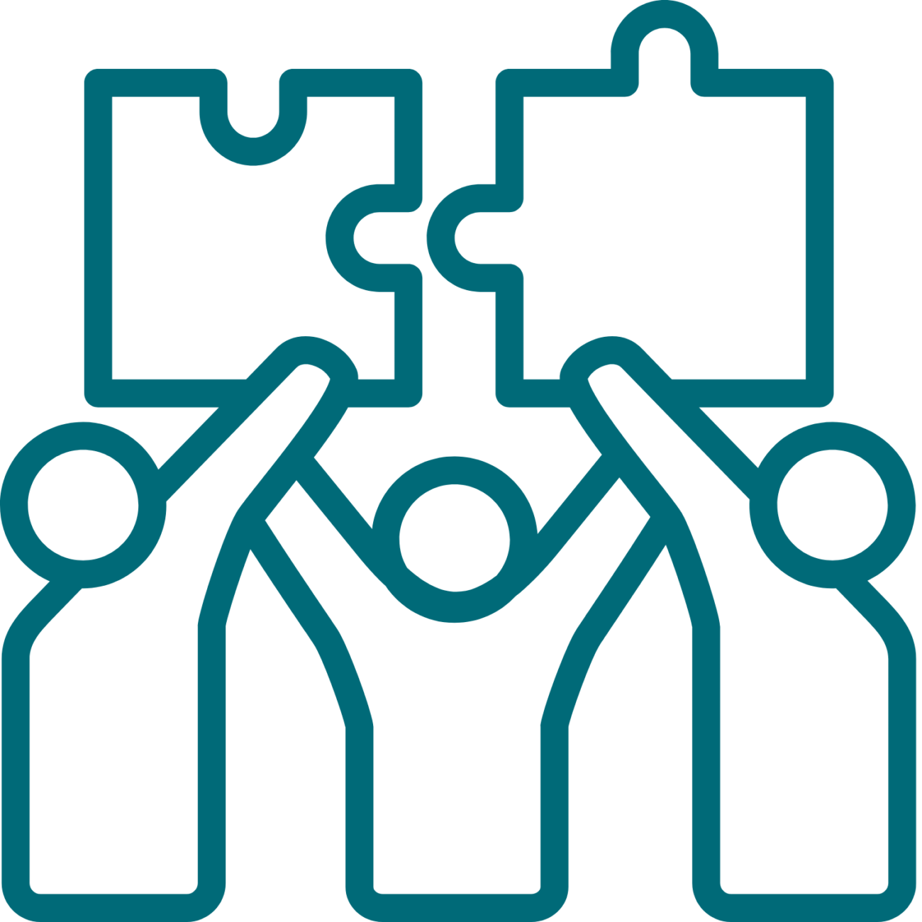 Line drawing of three people holding two puzzle pieces.