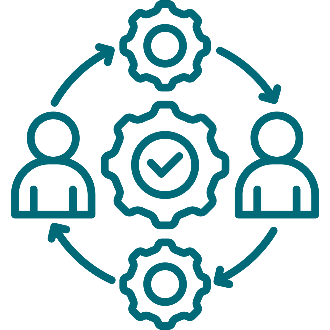 Line drawing of two people and three gear icons in a circle